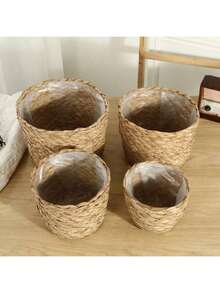 1 peça de cesta de palha trançada à mão, capa de vaso de vime para decoração de sala de estar, feita de cordas de ervas marinhas - Castanho - Ver 8