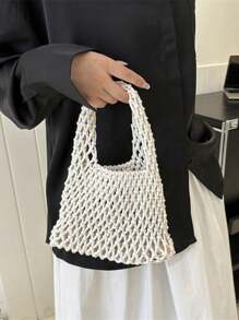 1pc Bohemian Style Woven Tote Bag, Striped Woven Handbag, Beach Bag, Casual Versatile Hollow Woven Handbag, Beach Bag