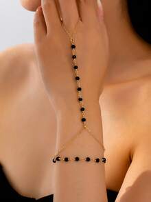 1 件串珠连接手指手镯女士女孩礼物性感波西米亚双层链条手链朋友聚会手饰 - 金黃色 - 查看 7