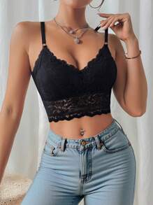 2 piezas Bralette de encaje de unicolor, Sujetador deportivo informal tipo top corto para mujeres, Camiseta de tirantes finos, Apta para todas las estaciones