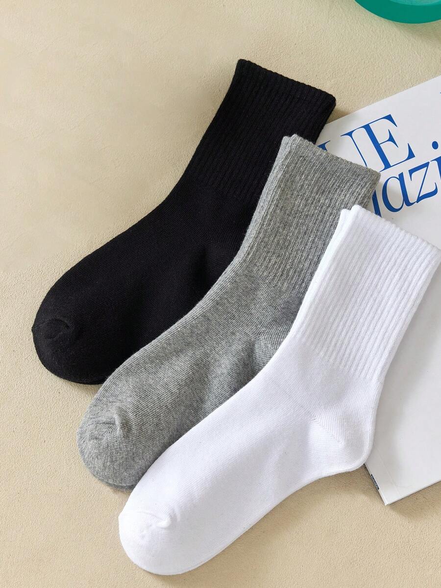 3双女士时尚简约黑白灰中筒袜，秋季 - 彩色 - 查看 1