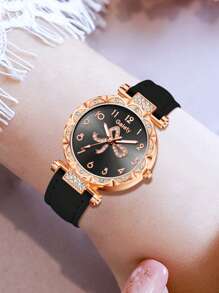 Conjunto de 5 piezas para mujer que incluye reloj de cuarzo con esfera de números arábigos y mariposa, pulsera, collar y aretes, en color negro, un accesorio sencillo y elegante, ideal para uso diario, decoración o regalo de fiesta