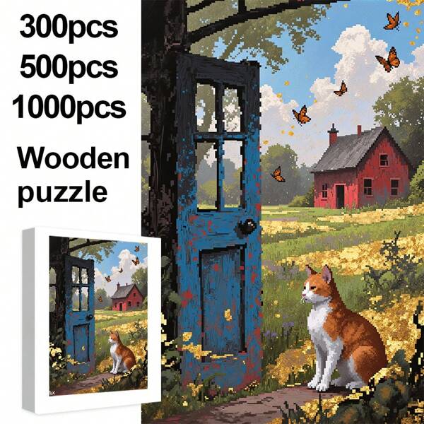 1000/500/300pcs Vertical Wooden Pixel Farm Cats Puzzle For Adults, Healing Landscape, Improve Mood And Memory, Enhance Thinking And Manipulation, Suitable For Game Night Challenge, Indoor Wall Decor, Best Holiday Gift