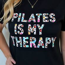 Pilates Is My Therapy Black Cotton Short Sleeve Graphic Tee For Women 180g Crew Neck Casual Print T-Shirt Plus Size Ladies Spring Fashion Yoga Top Mother's Day Gift Plus Size Women - Black - View 8