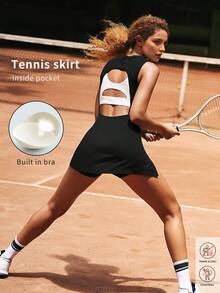6pecil 女式网球裙无袖侧开衩露背衬衫运动裙内置短裤带口袋