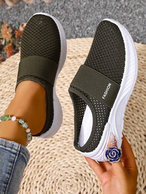 1 par de zapatillas deportivas de running de unicolor con estampado de letras, textura de malla y acolchado, suela gruesa, transpirables y ligeras, adecuadas para playa, oficina, hogar, gimnasio y todo tipo de actividades al aire libre. Sandalias de senderismo de slip-on con puntera abierta, ligeras y transpirables.