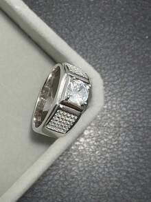 1 pieza Anillo de diseño geométrico elegante de plata S925 con piedra sintética de circonita brillante, regalo de joyería de alta calidad para hombres, anillo de compromiso - Plateado - Ver 7
