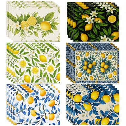 1/4 Sets Of Vintage Lemon Pattern Linen Printed Placemats, Farmhouse Style Coasters, Modern Washable Tablemats, Kitchen Tablecloths, Coffee Mats, Suitable For Kitchen, Dining Room, Wedding, Home Decor, Room Decor, Tabletop Decor, Holiday Party, Ideal Gifts