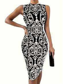 Đầm bodycon dài ngang gối dáng ôm, cổ đứng, không tay, in họa tiết retro cao cấp, màu trắng, thích hợp cho kỳ nghỉ hè thanh lịch. - trắng - Xem 2