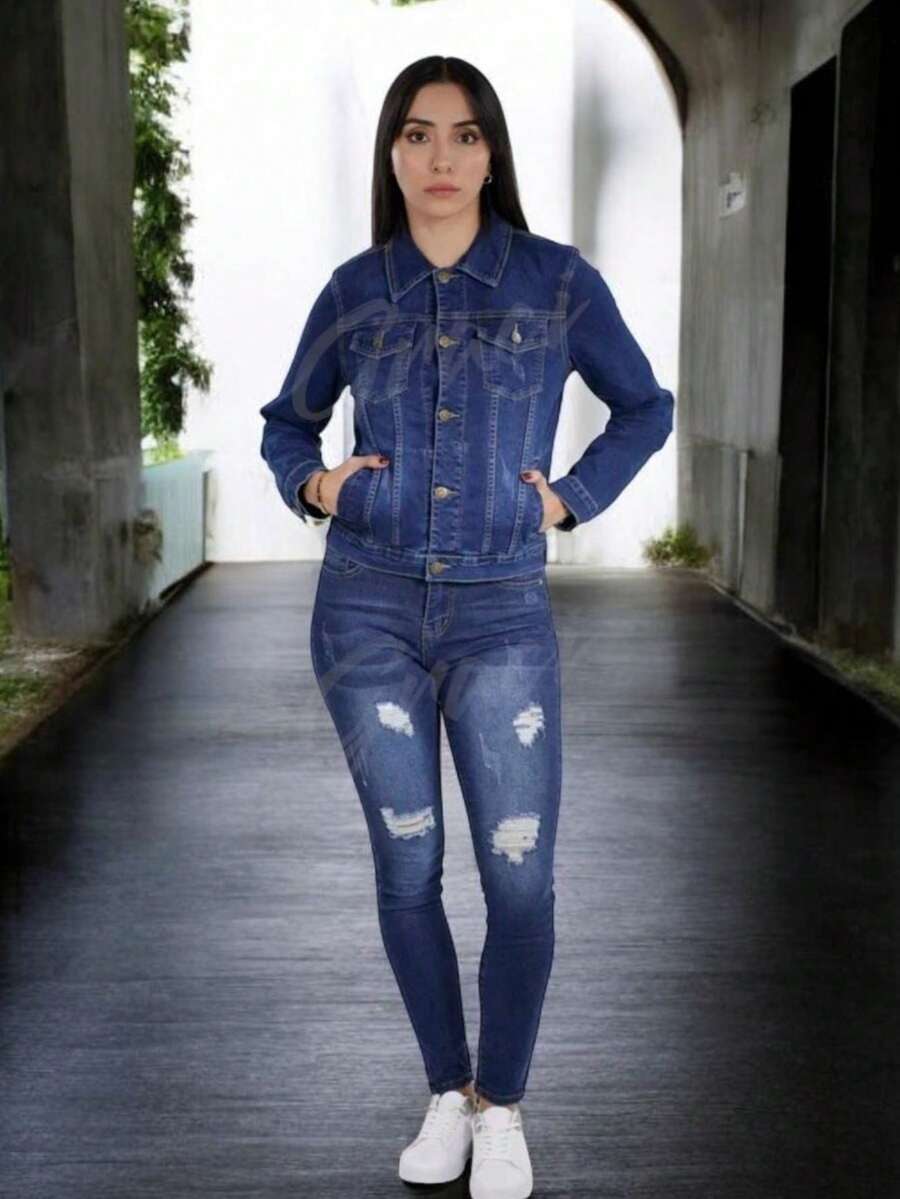 chamarra de mezclilla strech de mujer - Azul lavado oscuro - Ver 1