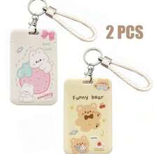 2个装韩流卡通动物PC卡套钥匙扣，韩流ID证件套带钥匙圈，学生公交卡夹，照片套（白色和黄色），返校用品 - 彩色 - 查看 2