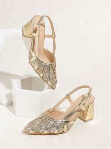 Gold Sequin Pointed Toe Backless Chunky Heel Pumps For Women