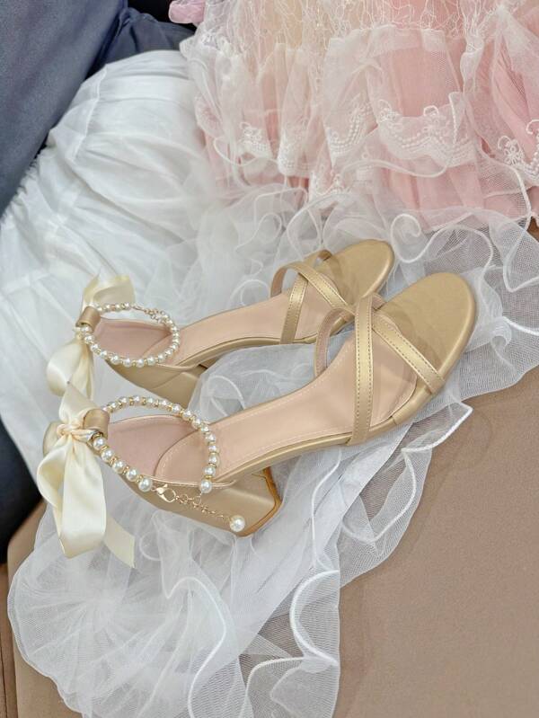 Fashion Versatile Pearl Strap High Heel Sandals For Teenage Girls, Suitable For Summer Party