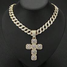 1pc Exaggerated Rhinestone Cross Necklace, Stylish And Chic Hiphop Charm Choker Necklace For Women