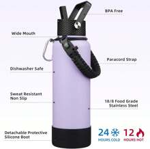 BJPKPK Insulated Water Bottle With Straw Lid, 22oz  Water Bottles With 3 Lids, Paracord Handle &Amp; Non-Slip Boot,  Leak Proof Stainless Steel Tumblers,Lavender