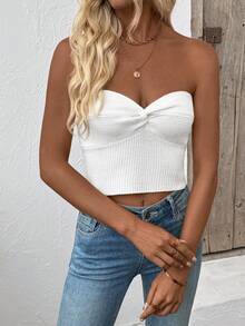 Y2K性感休闲可爱街头风紧身露背扭结针织抹胸上衣，罗纹露脐上衣，适合夏季度假、音乐节、乡村音乐会等场合。