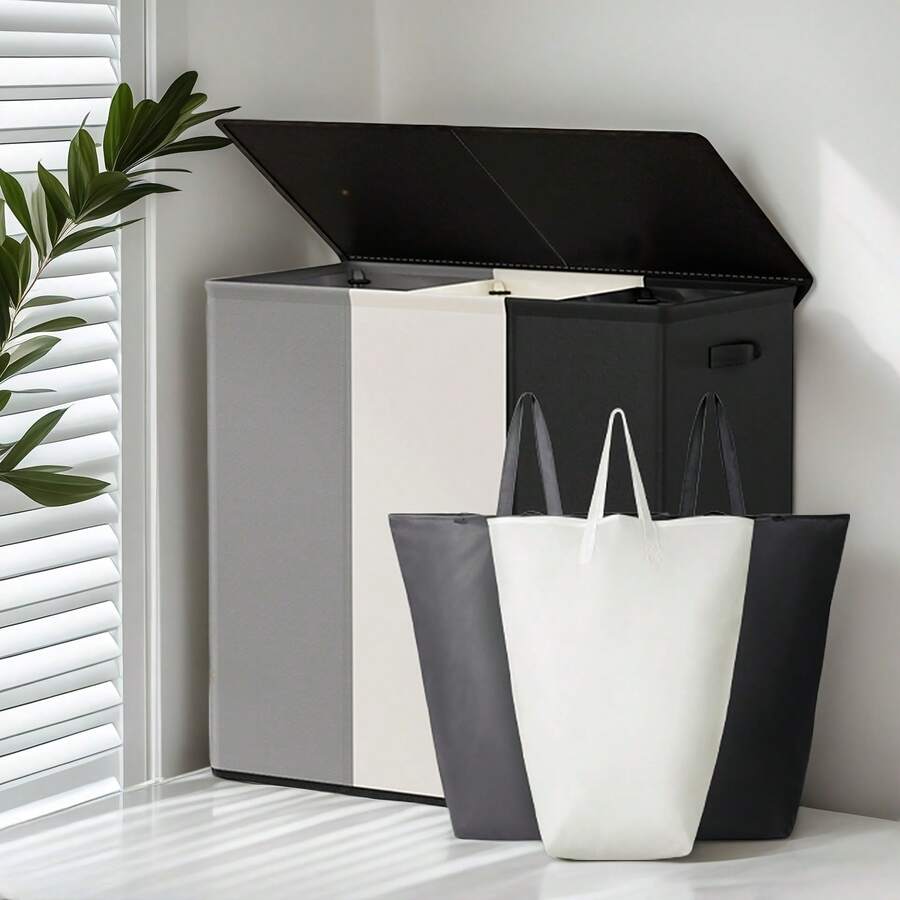 1pc Extra Large 3-Compartment Dirty Clothes Laundry Hamper, Luxury 3-Bin Rectangular Washing Basket, 180L/47.55Gal Sorting Organizer With 3 Removable Bags, Foldable Storage Container With Lid And Dual Handles, Thick Fabric - Ideal For Bedroom, Bathroom, Living Room, Dorm, Clothes, Toys - Black and White - View 1