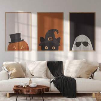 3 件/套万圣节壁画艺术品、鬼猫和南瓜艺术印象、万圣节海报、万圣节印象、带框万圣节艺术装饰。
