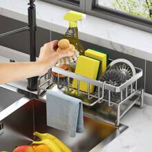 1 Stück 23*9*10cm Anti-Rost Edelstahl Schwamm Aufbewahrungsbox, Multifunktion, wasserdicht, Metall Küchenorganizer Regal mit abnehmbarem Geschirrtuchhalter, Bürstenhalter, Seifenspender, geeignet für Haushaltsspüle und Abtropfkorb, Schrank, Outdoor Lagerung Rack, stilvoller Küchenorganizer