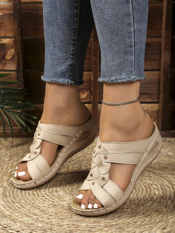 Women's Retro Platform Wedge Sandals, Bohemian Studded Woven Criss-Cross Casual High Heels