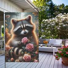 1 Süßer Waschbär 2D Garten City - Beständige Polyesterfaser, mit leuchtend rosa Rosen und sonnigen Waldszenen auf einer Seite Muster, perfekt für Sommerdekoration im Garten, Outdoor-Banner, 30 * 45cm/70 * 100cm, Outdoor-Gartendekoration | Verspieltes Tiermotiv | Strapazierfähiger horizontaler Outdoor-Banner, Waschbär Deko Fotorequisite