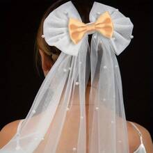 Custom Eternal Elegant Bridal Headpiece With Bow And Veil, Pearl Bow Hair Clip Tulle Veil Headband, Multiple Color Options, White Sheer Clip-On Wedding Accessories Suitable For Brides, Bridesmaids, Graduations And Bridal Parties