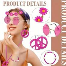Ensemble d'accessoires de style hippie turquoise incluant des lunettes, un bandeau, un collier avec symbole de paix et des boucles d'oreilles, pour femmes pour Halloween