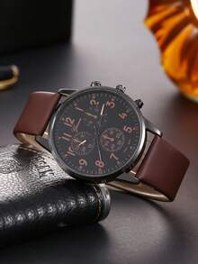 5入組休閒時尚仿三眼數字男士石英手錶和串珠手鍊套裝，送禮給他的理想之選 - 棕色 - 查看 2