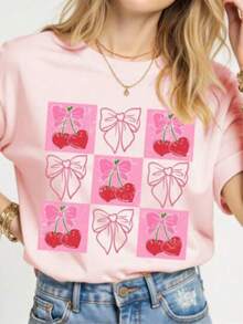 Camiseta básica de manga corta con diseño impreso de capibara y piapia, casual y creativa, para mujer - Rosa - Ver 1