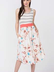 Boho Vintage Magenta Ivory Coral Pink Yellow Stripe  Band Trim Midi  Swing Southern Dress | Small-3 XL Plus - Hồng nhạt - Xem 3
