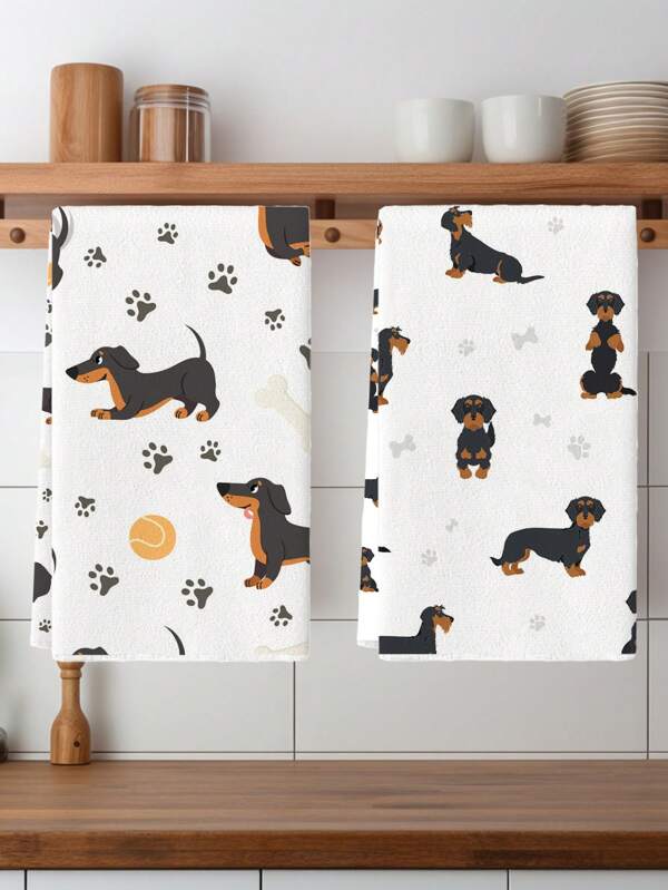 2 pièces Serviettes de cuisine à motifs de pattes de Dachshund, serviettes de vaisselle modernes et de dessin animé. Idéales pour le séchage et le lavage de la vaisselle.