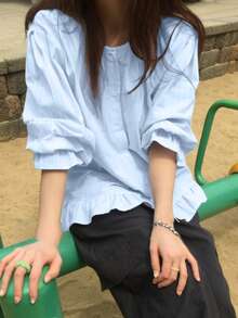 Spring New Asymmetric Hem Striped Long Sleeve Shirt For Women, Loose Fit With Double Pockets - Blue - View 1