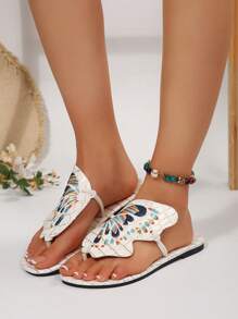New Women Flat Sandals, Summer Thong Sandals With White Leather Upper Butterfly Decor, Fashionable Outdoor Slippers
