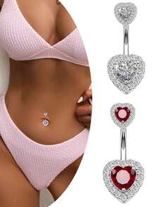 1 件优雅性感钛钢肚脐穿孔首饰，甜美酷炫肚脐环，带心形水钻，女士身体首饰 - 彩色 - 查看 1