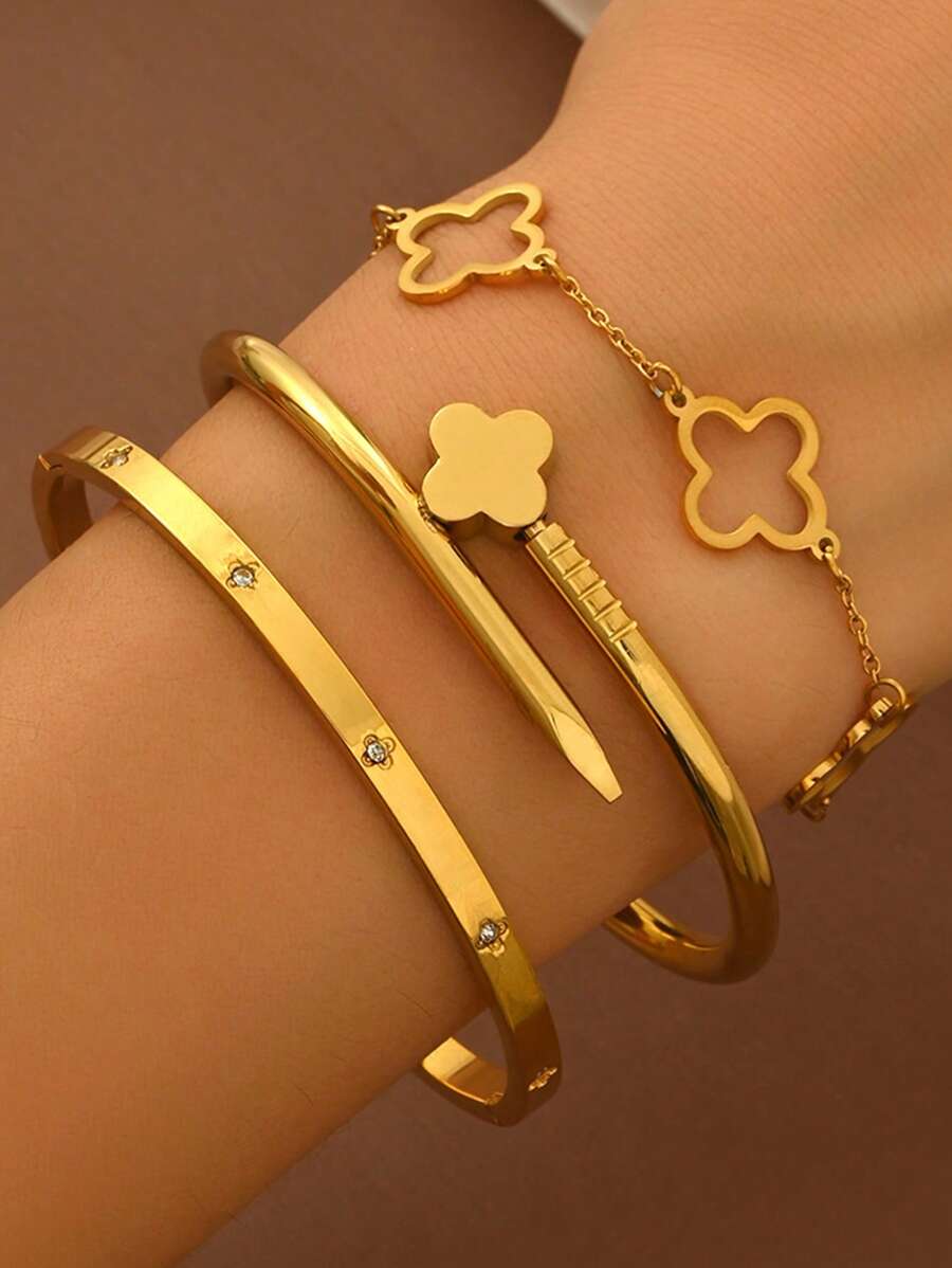 3pcs Bracelet 18K Vacuum Electroplating, Not Easy To Fade, Inlaid With Zirconia, Suitable For Daily Wear, Fashionable And Elegant Ladies' Bracelet Set,Gold Jewelry Jewelry Women Bracelets Accessories Women Stainless Steel Jewelry Bracelets For Women Western Jewelry