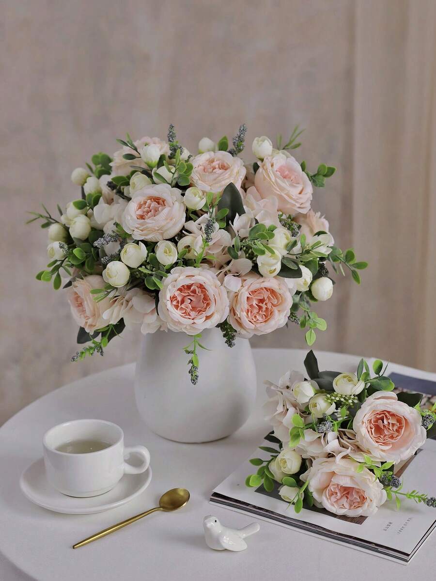 1支/3支粉色人造绣球花假牡丹玫瑰花束，适用于家居、婚礼、新娘捧花装饰 - 淺粉色 - 查看 1