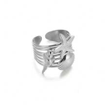 1pc Stainless Steel Beach Themed Ring With Starfish, Shell & Conch, Suitable For Women's Everyday, Vacation, Date, Gift