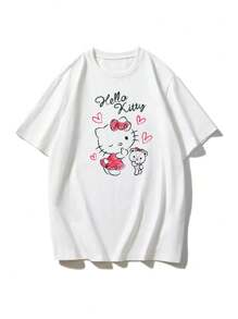 Sanrio Sanrio Hello Kitty Printed Women's T-Shirt, Cartoon White Round Neck Short-Sleeved Home Wear Top, Large Size Loose And Comfortable Couple Pajamas, Summer Casual Vacation Clothes, Suitable For Birthday Parties, Christmas, Valentine's Day, Halloween, Thanksgiving Gifts