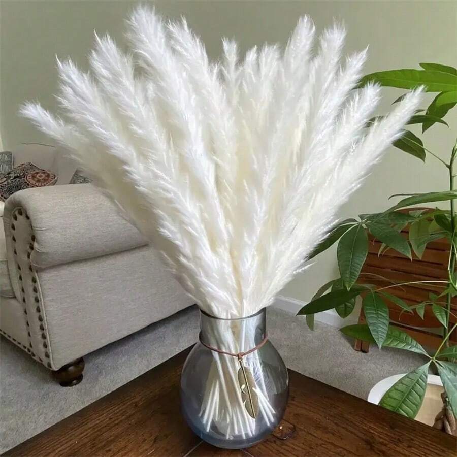 1 Box Of 15/30/45/60 Pcs, White Pampas Grass, White Mini Reed, Approx. 17.7 Inch/42-45 Cm Natural Dried Pampas Grass Branches Decor, Suitable For Home, Kitchen, Garden, Party, Home Decoration And Gifting (White),Fall Decor,Autumn - White - View 1