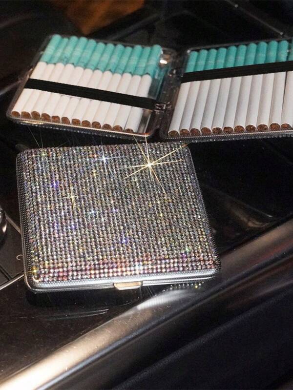 1pc Diamond-Studded Metal Anti-Pressure Ladies Cigarette Box, High-End Creative Blingbling Sparkling Double-Sided Crystal Diamond Cigarette Storage Box, 20pcs Smoking Accessories Gift Box For Ladies