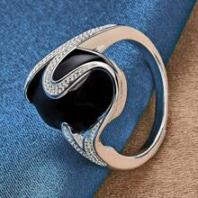 1 pieza Anillo plateado de plata esterlina 925 vintage con incrustaciones de pintura negra para mujer, joyería de moda, accesorios creativos para fiestas de moda y uso diario