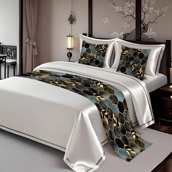 3 peças Echarpe de Cama e Fronha de Estilo Europeu com Textura de Mármore Geométrica em Linho - Macio, Respirável, Lavável em Máquina, Decoração Luxuosa e Leve para Cama ou Sofá, Conforto para Todas as Estações, Decoração de Sofá | Tecido Respirável, Ótimo Presente