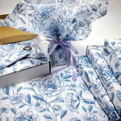 10/50/100pcs Blue Floral Rose Pattern Gift Wrapping Tissue Paper, Suitable For DIY Crafts, Party Favor Packaging, Bouquet Wrapping, Shoe & Apparel Moisture-Proof Packaging, Wine Bottle Cushioning, Holiday & Birthday Gift Wrapping Decor
