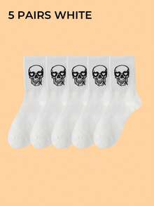 多双男士骷髅与魔鬼图案中筒袜，黑白相间，时尚百搭，柔软舒适，吸湿排汗，适合秋季穿着