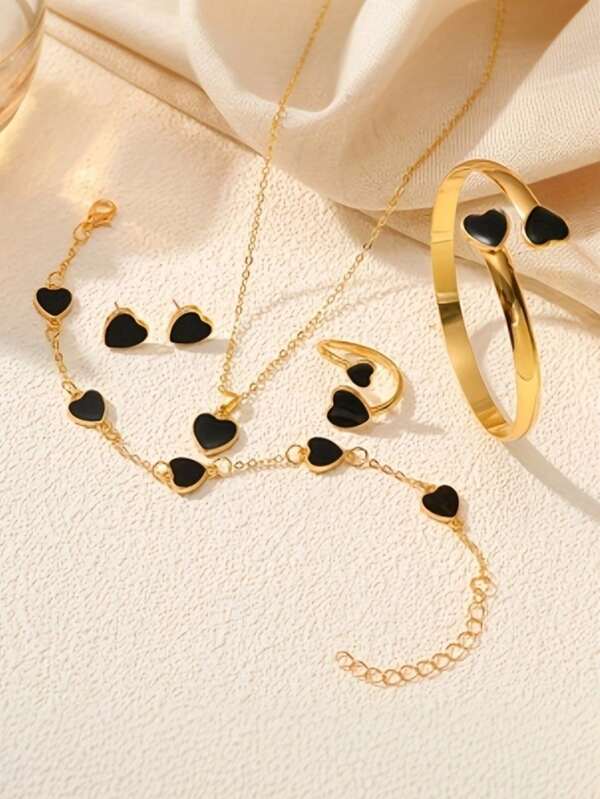 Set de 6 piezas de joyería de moda, decoración de aleación de zinc y resina, temática de suerte y amor, incluye pulsera, collar, anillo y aretes, regalo perfecto para tu mejor amiga o para ti misma, regalo sincero