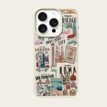1 pieza Funda de teléfono de material TPU con patrón de edificios de la ciudad vintage compatible con iPhone/Redmi
