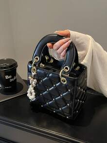 高端菱形图案优雅女士手提包，韩版休闲时尚单肩斜挎包，珍珠蝴蝶结装饰的独特小包，适合购物、钱包、逛街、年轻女性、大学生、新婚夫妇、办公室女士。非常适合办公室、大学、工作、商务、通勤、户外活动、旅行和短途旅行，情人节礼物 - 黑色 - 查看 9