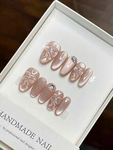 Handmade Pink Almond-Shaped 3D Butterfly Cat Eye Design Clip-On False Nails - Baby Pink - View 2