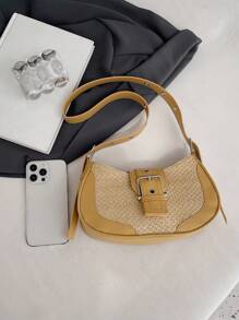 Korean INS Niche Woven Shoulder Bag For Women, New Summer Fashion Chic Messenger Crossbody Tote Crescent Moon Bag