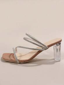 法式方头绑带水钻素色简约优雅仙女风格方头粗跟凉鞋，适合女士，夏季户外时尚法式水钻高跟鞋，适合通勤、约会、商务、购物、派对 - 杏色 - 查看 3